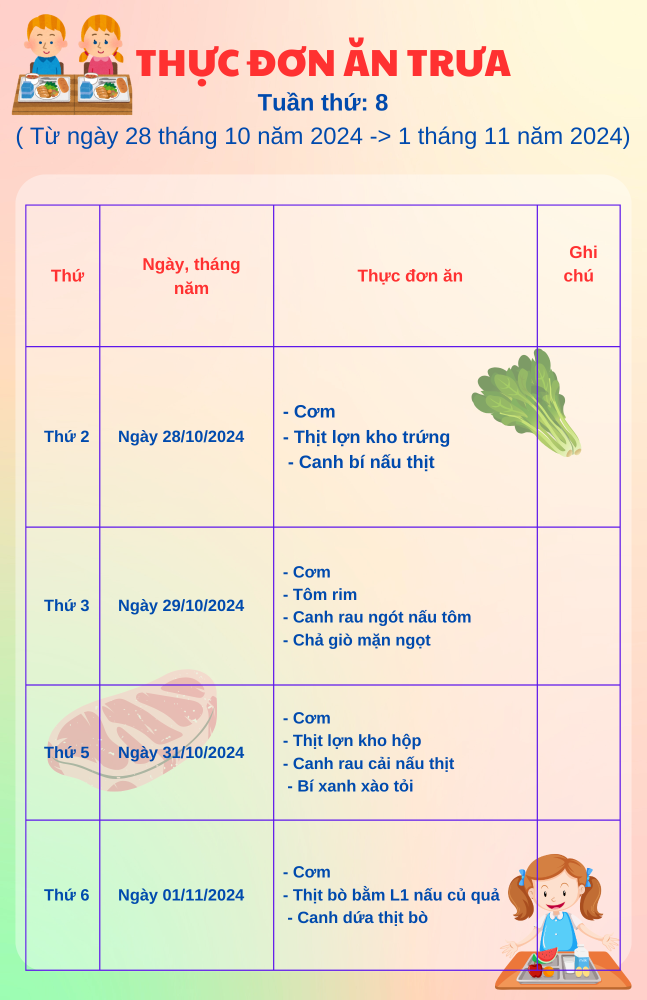 THỰC ĐƠN BÁN TRÚ TUẦN 8